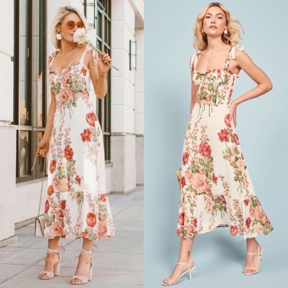 Reformation Dresses & Skirts - ❌SOLD❌REFORMATION Nikita White Roses Floral Print Midi Dress Bouquet